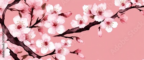 A pink background with a branch of white flowers. The flowers are in full bloom and are very pretty