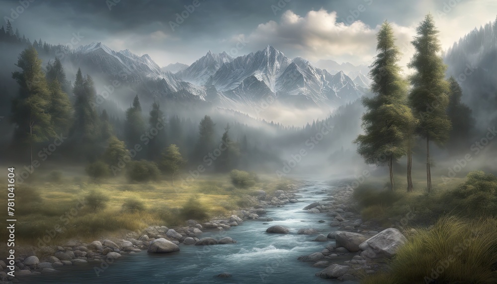 A mountain range with a river running through it. The sky is cloudy and the trees are green