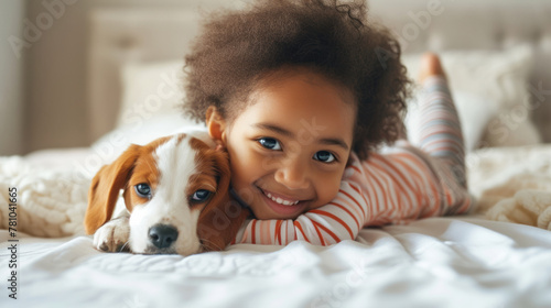 A little girl tenderly hugs her puppy and lies on the bed in a bright bedroom in the morning. Friendship concept between child and pet, copy space for text