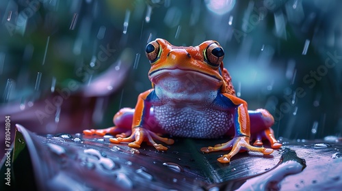 Portrait of nice colored tropical frog sitting on leaf in rain with a blurry backdrop and space for text or product, Generative AI.