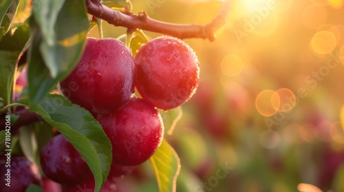 Harvest of ripe sweet purple plum on a branch in the garden, agribusiness business concept, organic healthy food and non-GMO fruits with copy space, close-up 