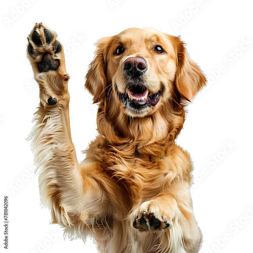 Dog high fives. Dog Golden Retriever raises right front leg. Isolated on transparent background.