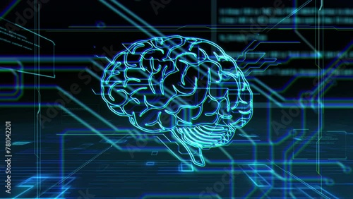 人工知能の脳のアニメーション。 AI デジタル空間。AI深層学習コンピューターマシン。
ビッグデータ フロー分析、データ マイニング、ディープ ラーニングの最新のコンピューター テクノロジー。