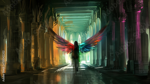 A Fairy With Colorful Translucent Wings Standing in a Vast Hall Lined With Pillars Fantasy Artwork