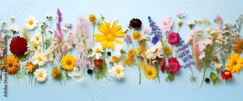 Bright and cheerful top-down perspective of assorted wildflowers with a plain backdrop, ideal for text insertion.