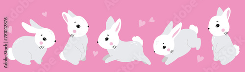 Bunny illustration, cute rabbit, hare. Gray, white, pink set of cutie animal portrait in pastel colors. Stickers, wall art, kids room decoration, easter