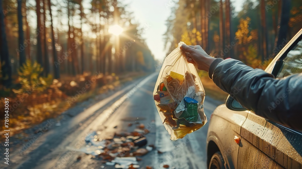 In a rural road at dusk, an in-depth view of a person's hand lowering rubbish out of the car window safe the earth idea and space, Generative AI.