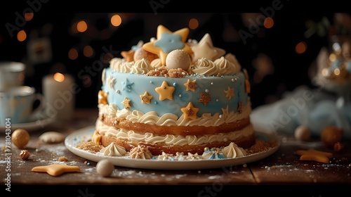 A celestial-themed birthday cake adorned with fondant stars  moons  and galaxies  creating a dreamy and magical dessert