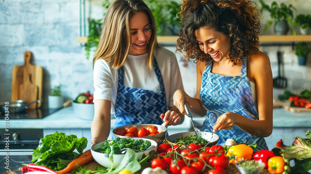 Smiling women cooking in a bright kitchen.Ai generative. Smiling women cooking in a bright kitchen.Ai generative.