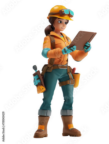 A woman in a yellow and orange outfit is holding a clipboard and looking at it © No Background
