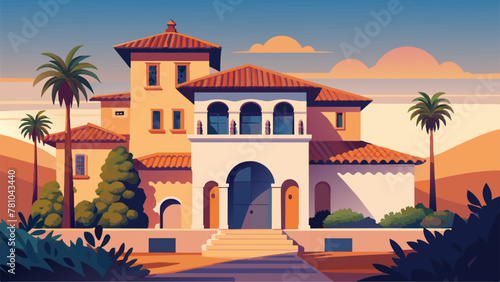 A Spanish colonialstyle home showcases its distinct features such as arched doorways stucco walls and terracotta roof tiles. The structural