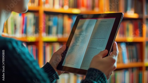 A student reading an e-book on a tablet. 