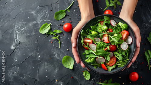 Hands presenting a bowl of fresh garden salad with spinach, arugula, tomatoes, and radishes on a rustic dark textured background.