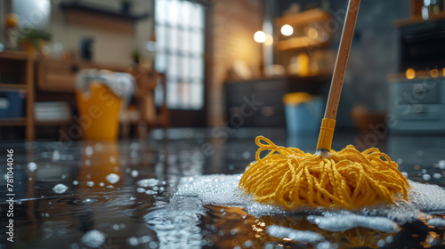 Close-up of a yellow mop on a wet, soapy floor with bubbles, in a warmly lit, cozy home setting.