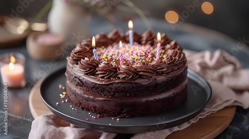A decadent chocolate birthday cake adorned with colorful sprinkles and lit candles  sitting on a festive tablecloth