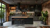 Modern and contemporary style kitchen, concrete and red brick wall, dark gray cabinet, brick flooring, kitchen island with wood and stone countertop. Generative AI.