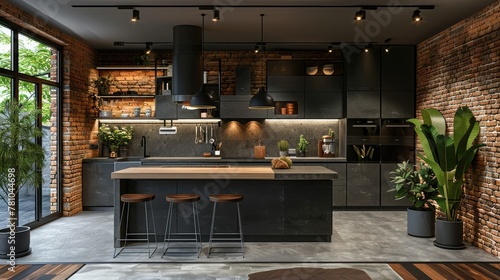 Modern and contemporary style kitchen, concrete and red brick wall, dark gray cabinet, brick flooring, kitchen island with wood and stone countertop. Generative AI. photo