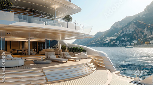 Exterior of a super yacht with multiple terraces, ultra decorated, simple elegance, luxurious, minimalist, aesthetic. Generative AI.