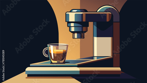 A still life illustration of an espresso shot being pulled featuring the clean lines and minimalist design of a modern espresso machine. The