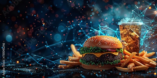 A burger kept in a dark technological backdrop with lots of connections lines in it with a big space for text or product, Generative AI.
