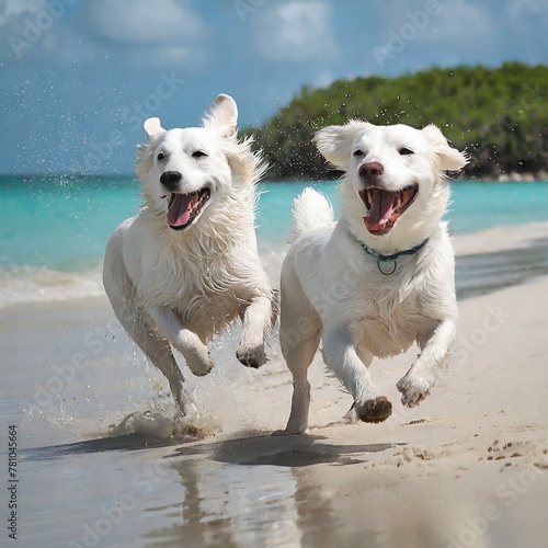카리브해의 해변에서 달리는 두 마리의 하얀 중형견 비디오 2