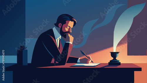 Lost in their thoughts the writers face is illuminated by the soft glow of a candle casting a calm and peaceful aura around their desk as they