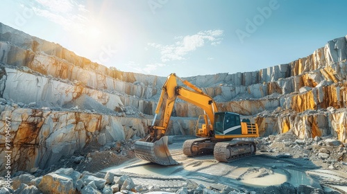 Excavator at work in a sunlit quarry. Generative AI. photo