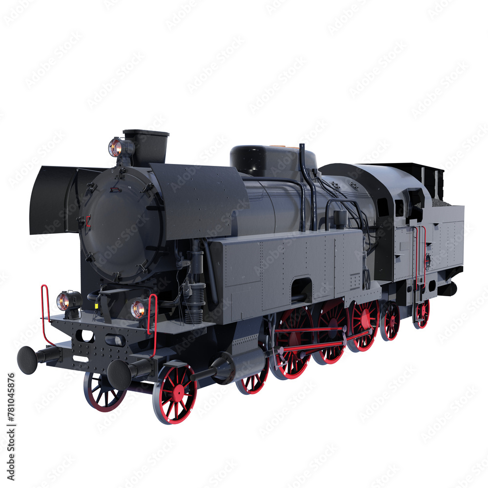 steam locomotive isolated on white. perspective front view