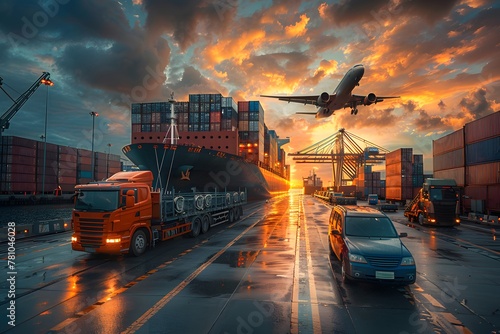 Illustration of large vehicles transporting at sunrise or sunset in warm tone. It conveys peace, warmth and good memories. It may refer to a vehicle that transports goods or raw materials safely.