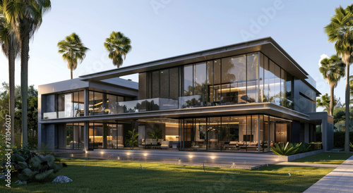 Modern twostory villa with large glass windows  white walls and black tiles on the roof. The front of the house is overlooking green lawns and palm trees in tropical climate area
