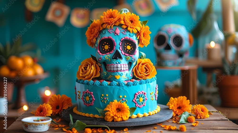 A vibrant fiesta-themed birthday cake adorned with sugar skulls, marigold flowers, and papel picado banners, celebrating Mexican culture