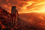 Male astronaut climbs a mountain with a backpack, colonization exploration of Mars.