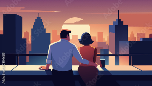 As they sit side by side on a rooftop bar a couple gazes out at the citys skyline enraptured by the beauty before them. With their fingers