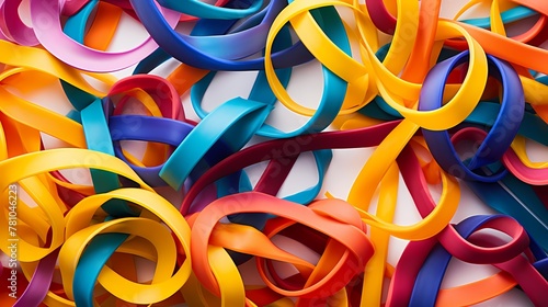 An overhead shot of brightly colored rubber bands arranged in a dynamic pattern on a plain, white surface, each band showcasing its vibrant hue. © Zubair
