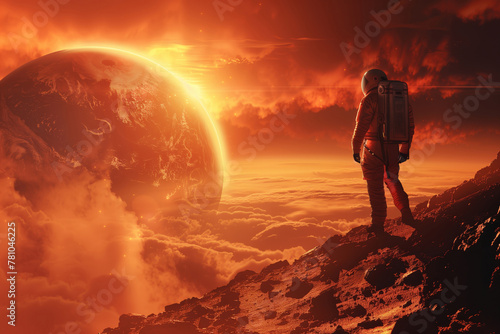 Wallpaper Mural Colonization or exploration of Mars. Man astronaut standing on top of a rocky mountain against the backdrop of the planet Torontodigital.ca