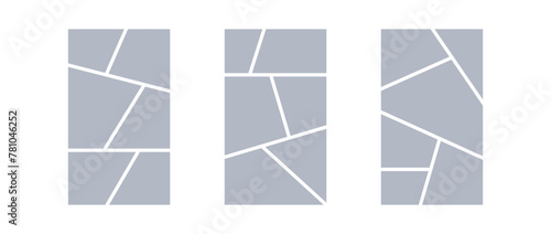Image collage layout template. Grey mosaic mood board grid collection. Picture frame set. Photo album idea for banner, poster, comic page, flyer, brochure, booklet, memory wall design. Vector pack