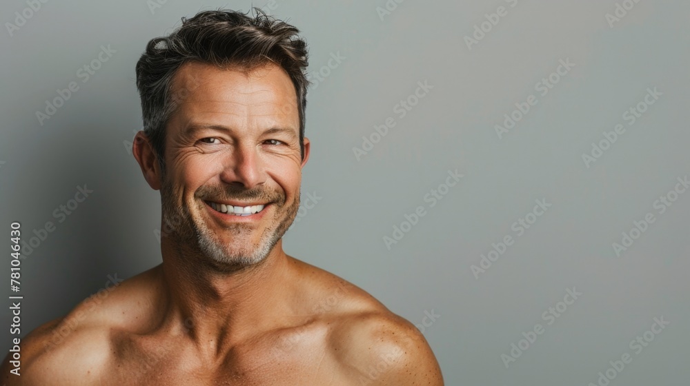 Man bearded shirtless smiles camera Man bearded shirtless smiles camera
