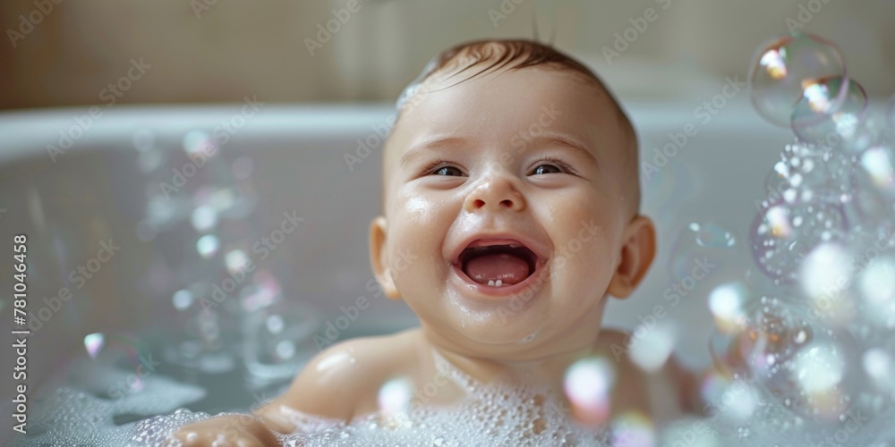 Cheerful infant laughing amidst shiny bubbles during a bath time adventure. Cheerful infant laughing amidst shiny bubbles during a bath time adventure.