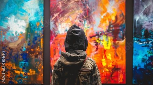 A lone individual in a hooded jacket contemplates vibrant abstract paintings in an art gallery.