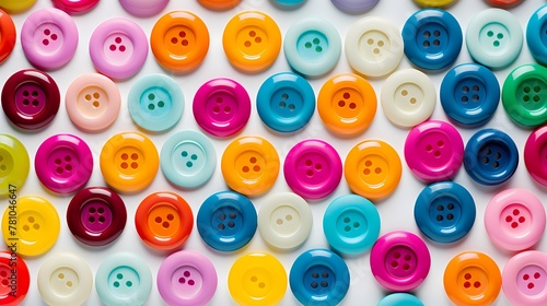 An overhead shot of brightly colored buttons arranged in a dynamic pattern on a plain  white surface  each button showcasing its unique texture and hue.
