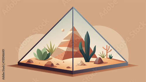 A triangular terrarium boasts a desert landscape with sharp succulents and cacti nestled a layers of sand gravel and small pebbles. The clear