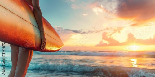A surfer with a surfboard stands facing a vibrant ocean sunset. © tashechka