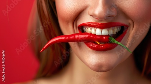 A lady  is seen over a red setting  ejecting flames after biting into a red chili depiction of spicy foods after eating affect and space  Generative AI.