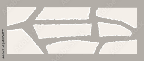 Torn paper pieces collection. Beige shapes with jagged uneven edges. Ripped different paper fragments set. Textured grunge elements bundle for collage, text box, banner, sticker, poster, flyer. Vector