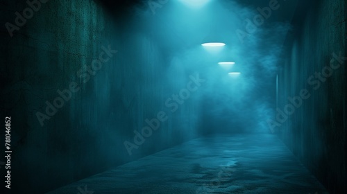 A dimly lit, eerie corridor enveloped in blue light and mist, invoking a sense of mystery.