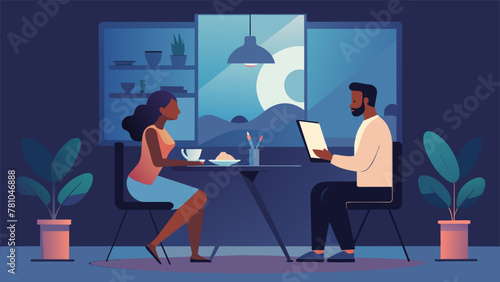 A couple on a longdistance relationship regularly schedule virtual date nights preparing and enjoying a meal together through their screens.