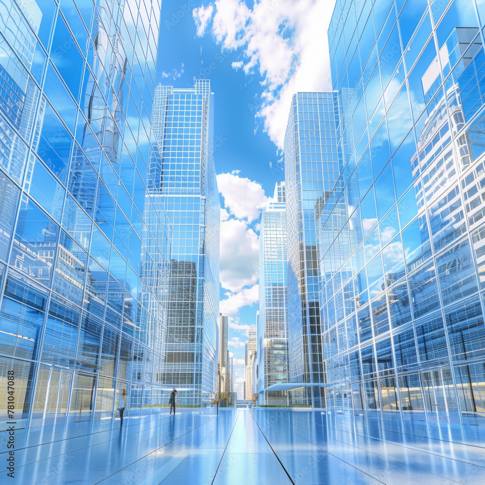 A cityscape with tall buildings and a clear blue sky. The buildings are made of glass and reflect the sky