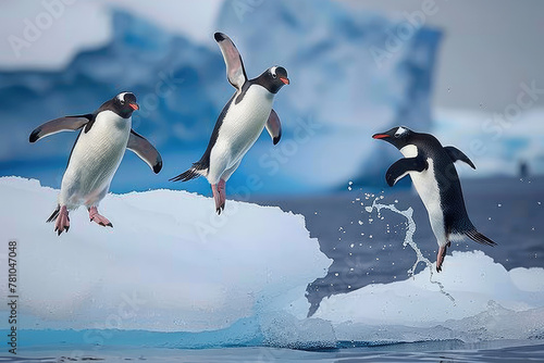 Penguins jumping off an ice floe into the ocean