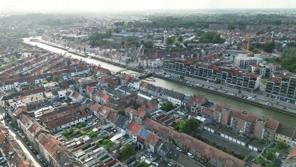 Wide Aerial over Wondelgemstraat Neighborhood in Ghent City with Canals, Traffic and Houses Wide Aerial over Wondelgemstraat Neighborhood in Ghent City with Canals, Traffic and Houses