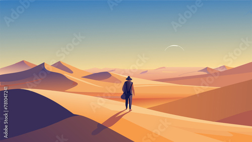 A traveler stands at the edge of a vast desert with towering sand dunes stretching out in every direction. They kick off their shoes and let